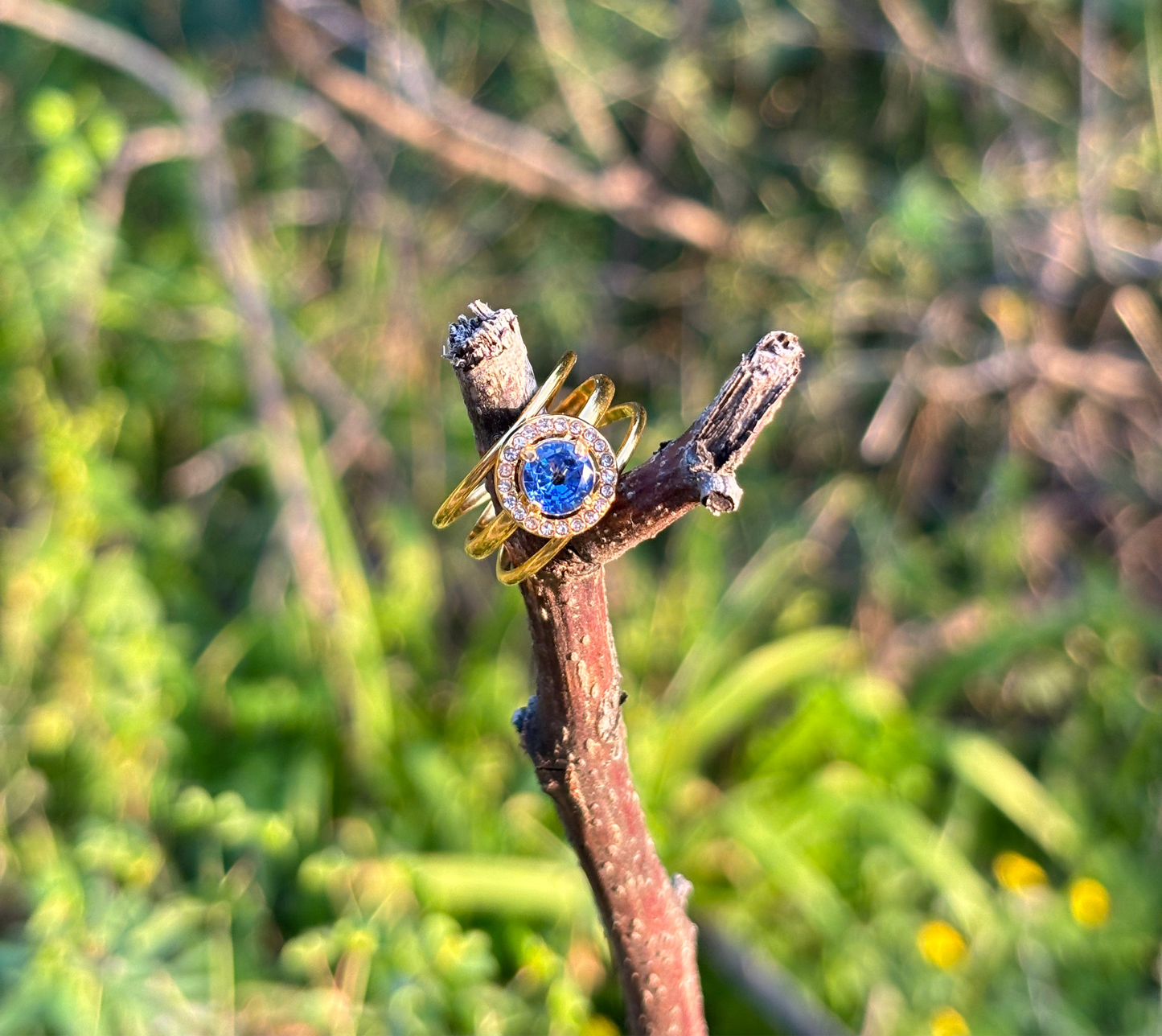 Waterproof 18K gold-plated stainless steel gold ring with aquamarine gemstone and diamond zircon halo, women’s jewelry Lebanon