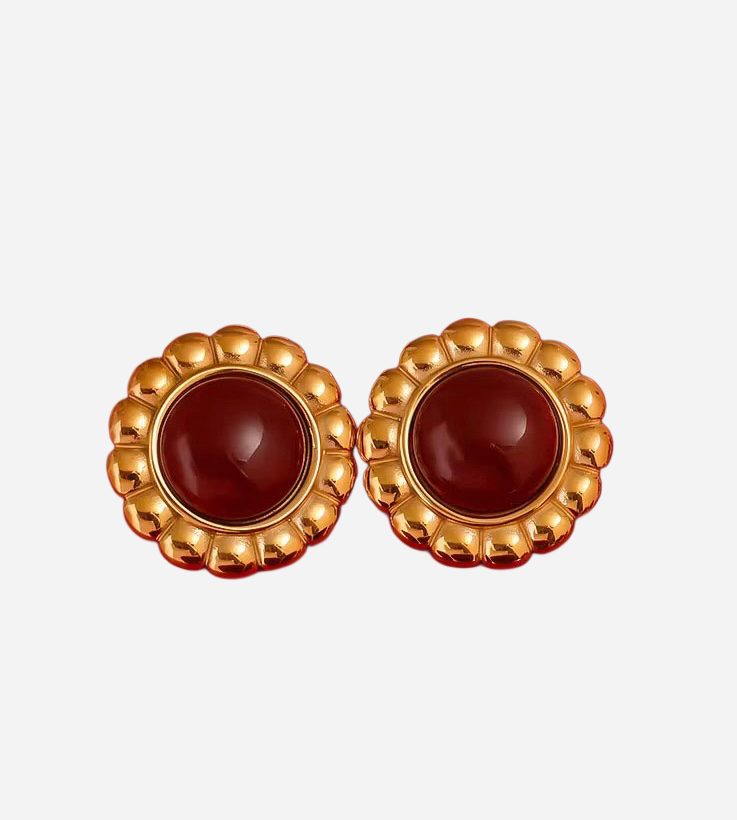 Ophelia – Floral Stud Earrings with Semi-Precious Red Stones