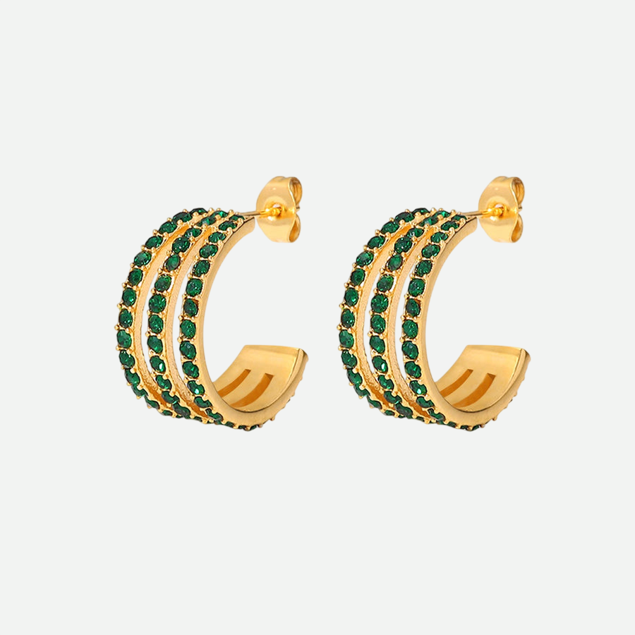 Amal – Triple Hoop Gold Earrings with Emerald Zircon