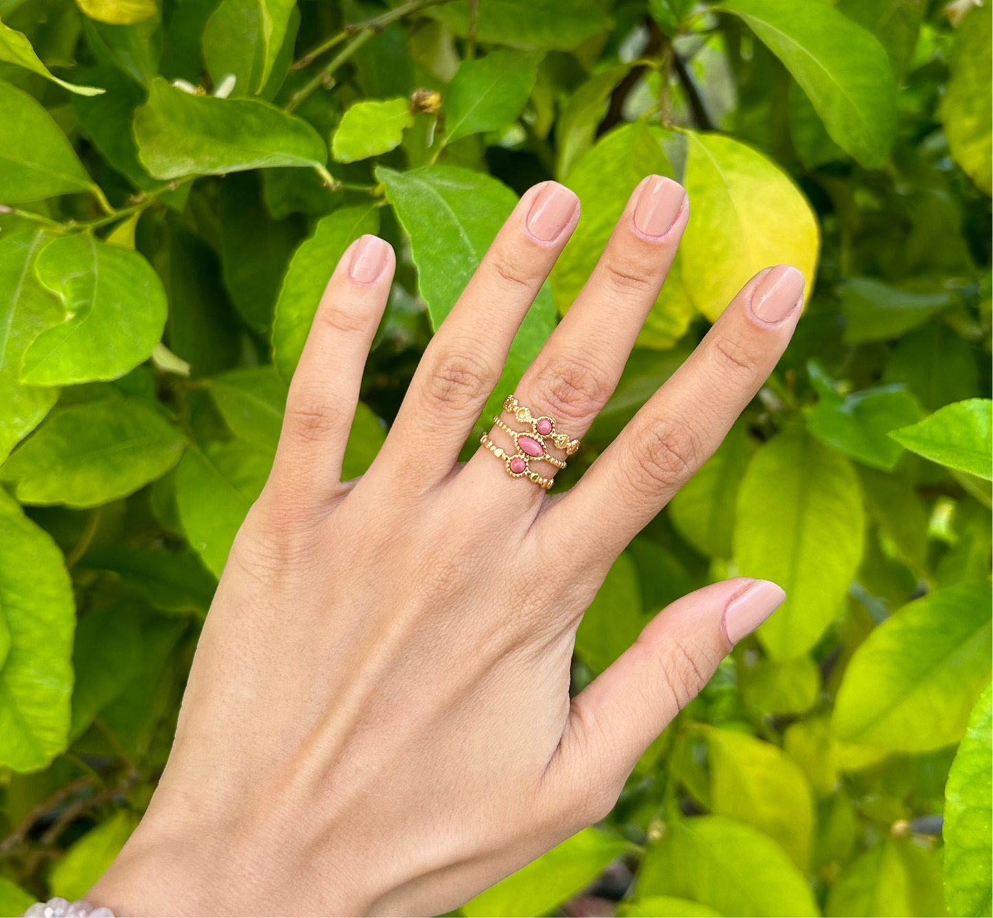 Waterproof 18K gold-plated stainless steel irregular statement ring with natural rose gemstone, women’s jewelry Lebanon