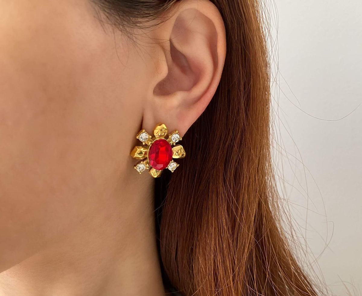 Sylvia – Bold Floral Earrings with Ruby