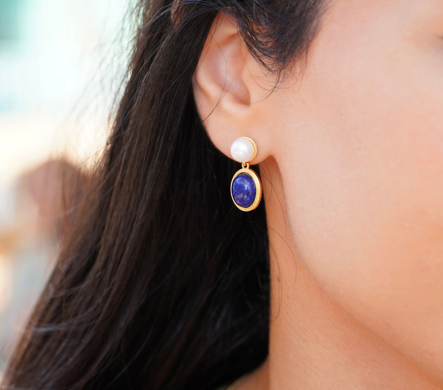 Waterproof 18K gold-plated stainless steel earrings with lapis lazuli stones and freshwater pearls, women’s statement jewelry Lebanon