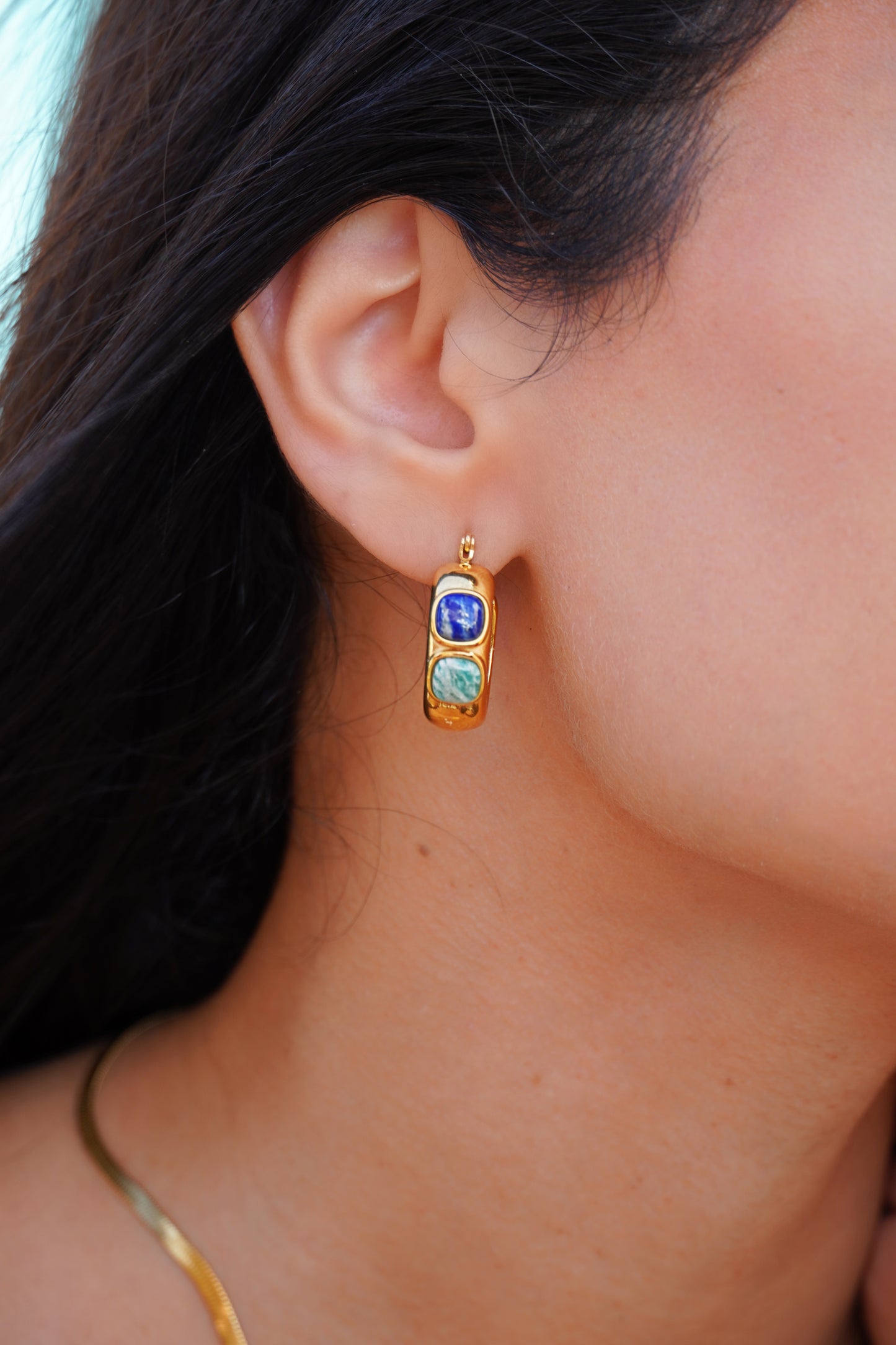 Waterproof 18K gold-plated stainless steel earrings with lapis lazuli and turquoise stones, women’s jewelry Lebanon