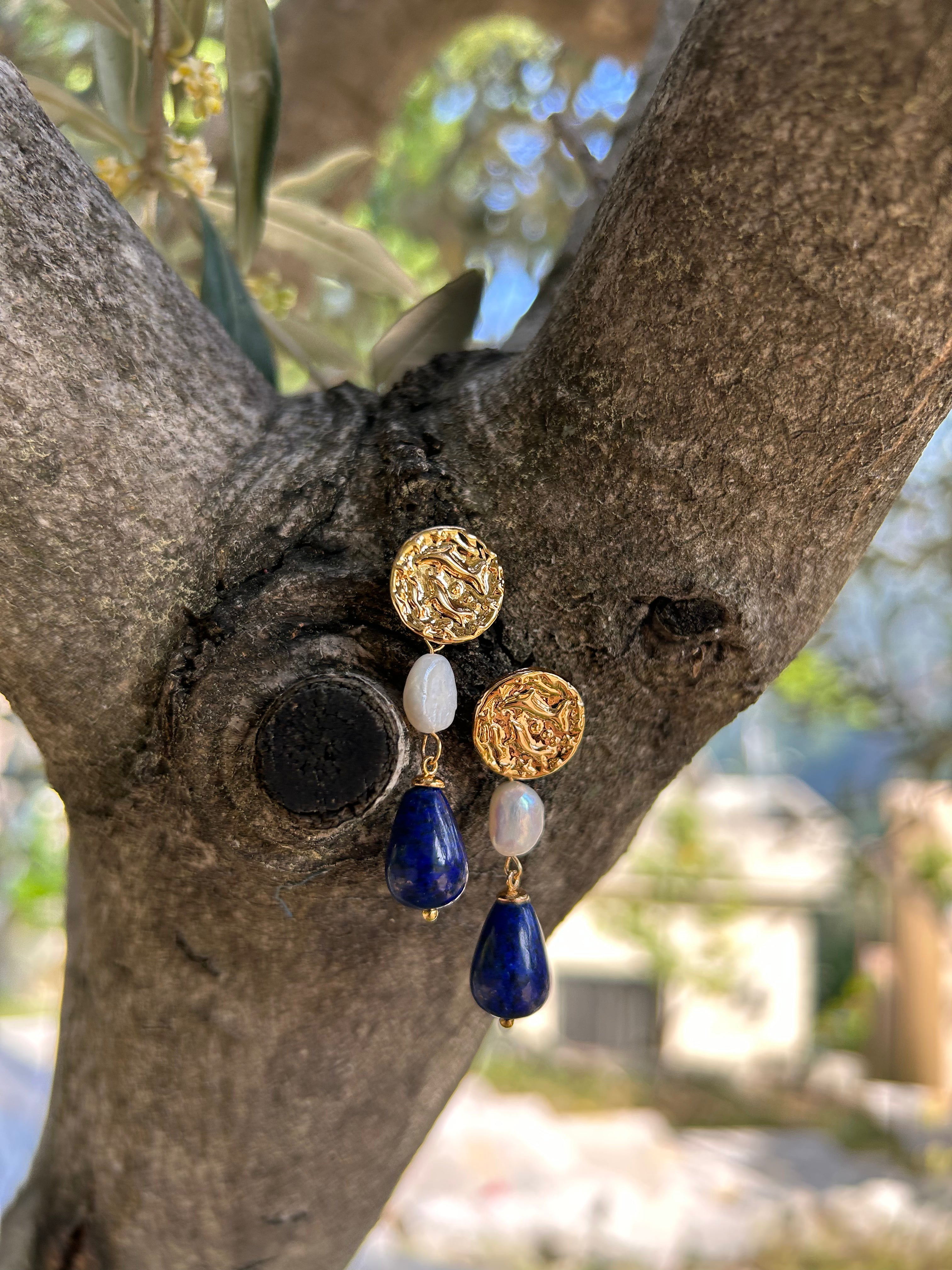 Waterproof 18K gold-plated stainless steel drop earrings with lapis lazuli stones and freshwater pearl drops, women’s statement jewelry Lebanon