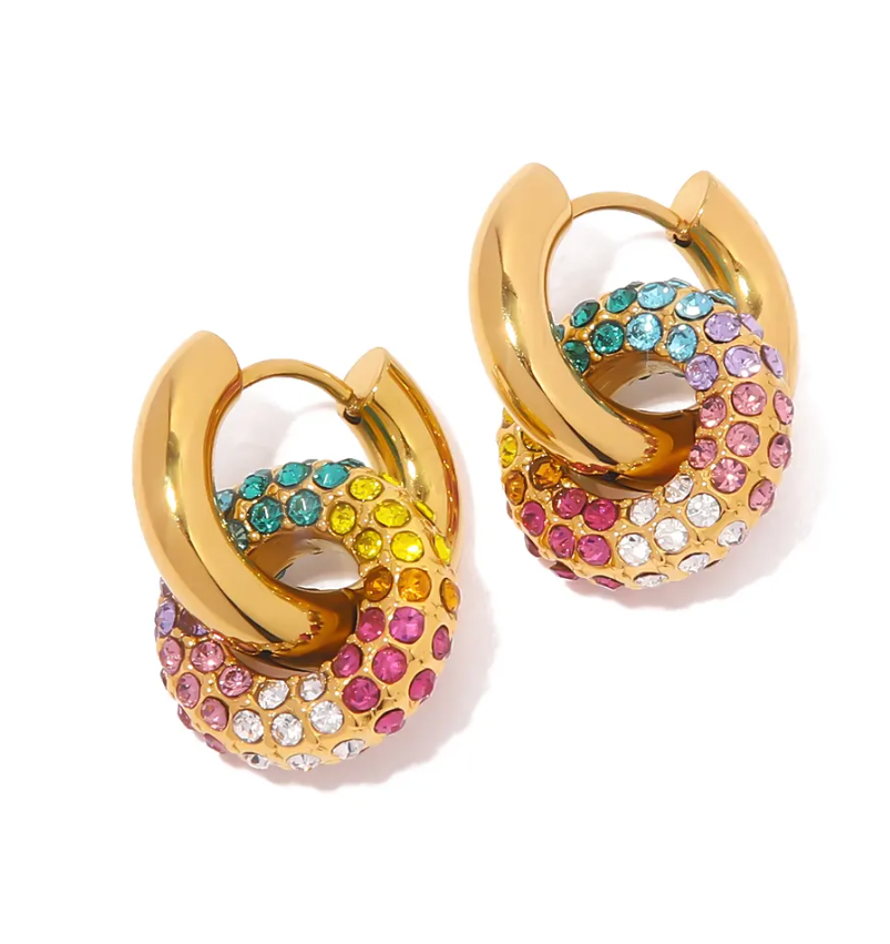 Waterproof 18K gold-plated stainless steel hoop earrings with multicolor zircon stones and removable hoops, women’s jewelry Lebanon