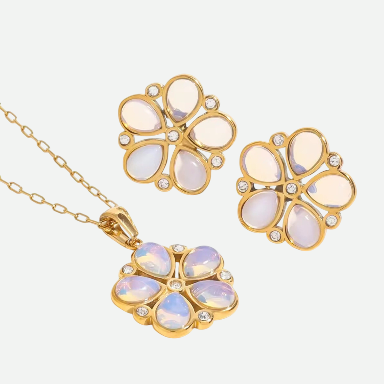 Kaia Set – Gold & Opal Floral Necklace and Stud Earrings