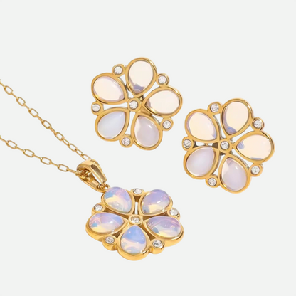 Kaia Set – Gold & Opal Floral Necklace and Stud Earrings