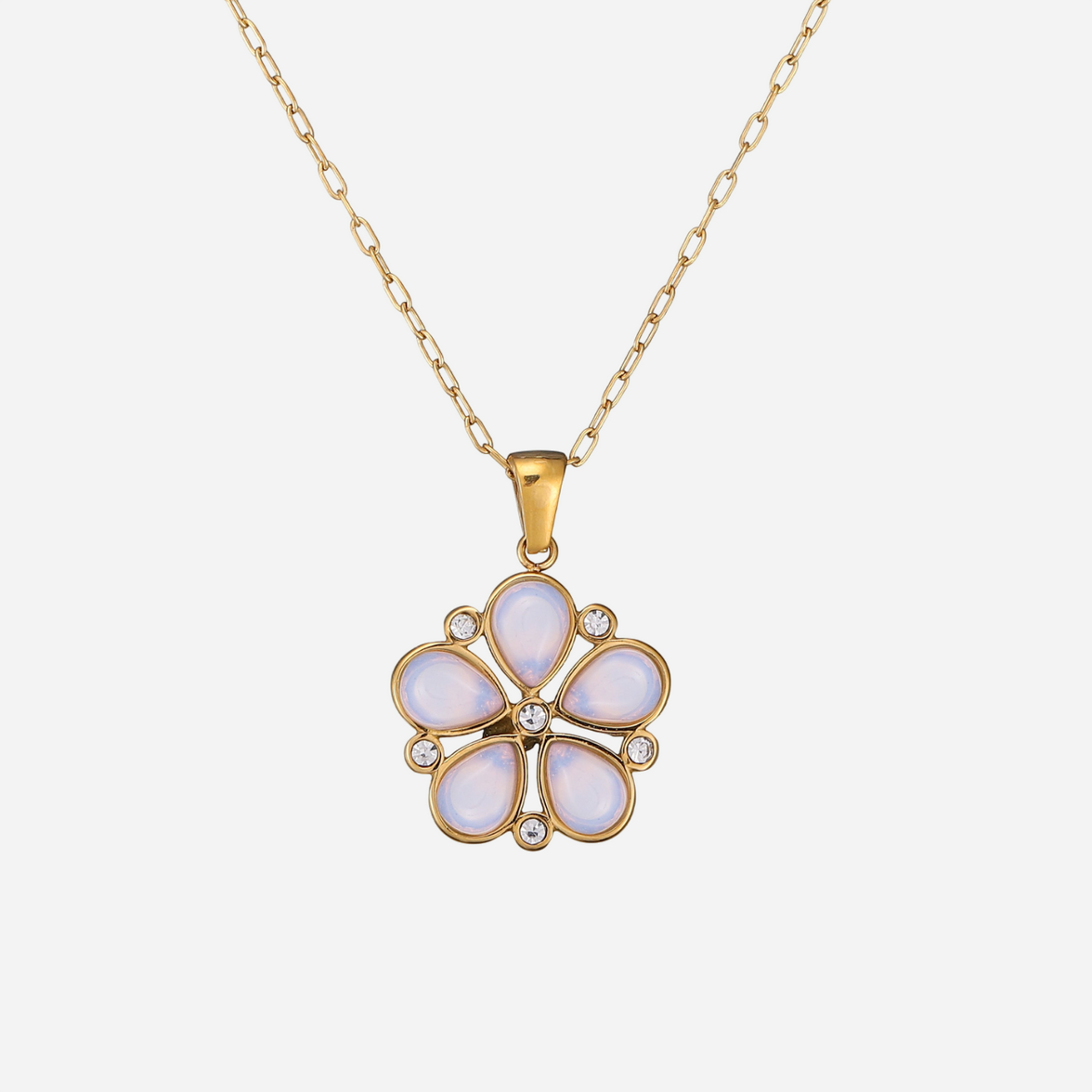 Kaia Set – Gold & Opal Floral Necklace and Stud Earrings