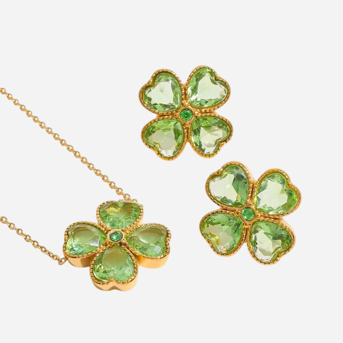 Colvera Set – Four-Leaf Clover Necklace and Stud Earrings with Emerald Zircon