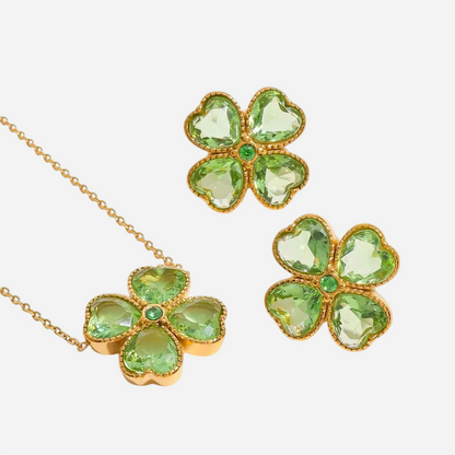 Colvera Set – Four-Leaf Clover Necklace and Stud Earrings with Emerald Zircon