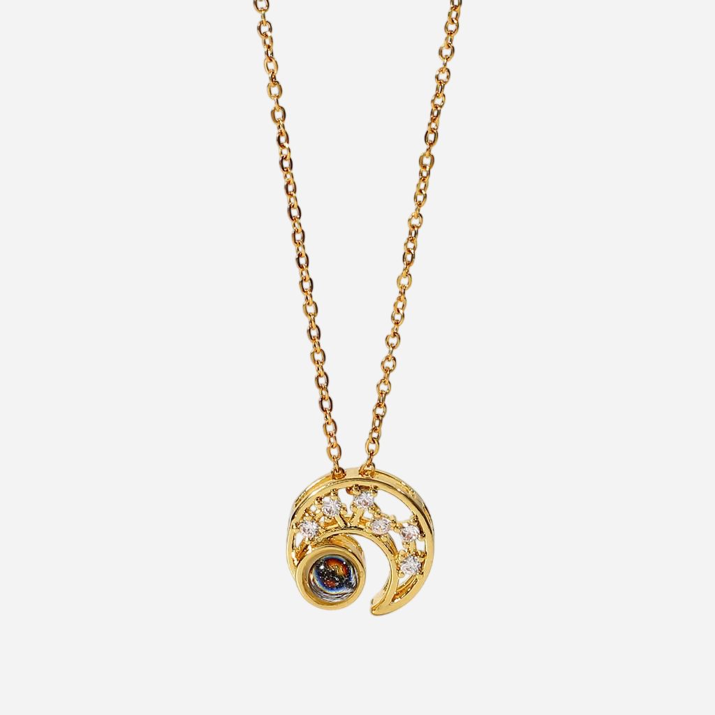 Lakom – Gold Half-Moon Projection Necklace with “I Love You” in 100 Languages
