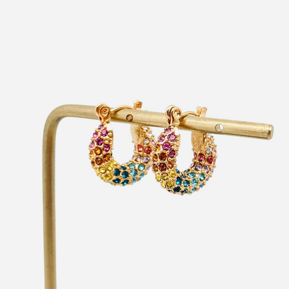 Paloma – Hammered Gold Hoop Earrings with Multicolor Stones