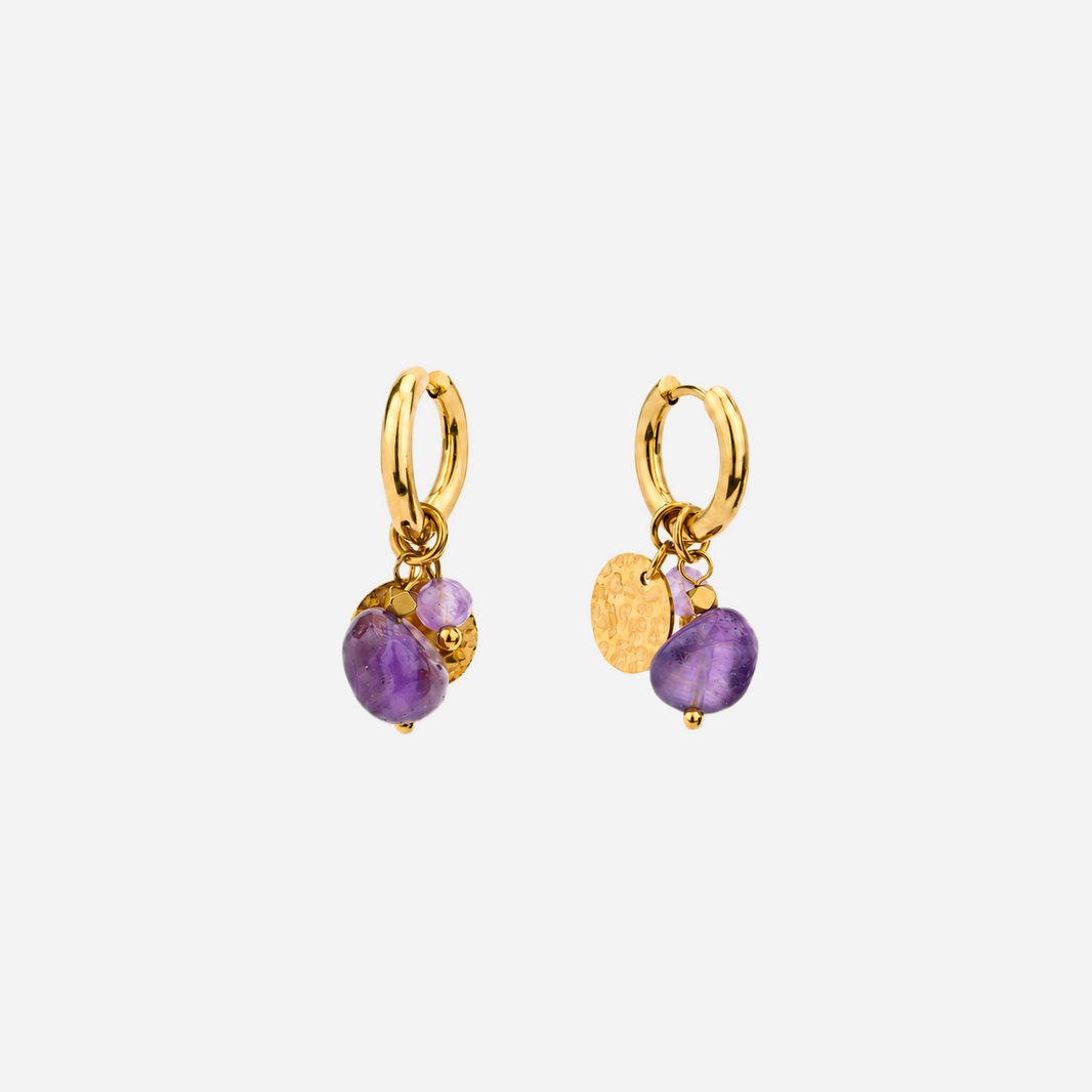 Violetta Earrings - Gold Hoops with Amethyst Dangling Charm