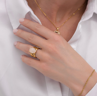 Elizabeth – Gold Band Ring with Oval White Crystal