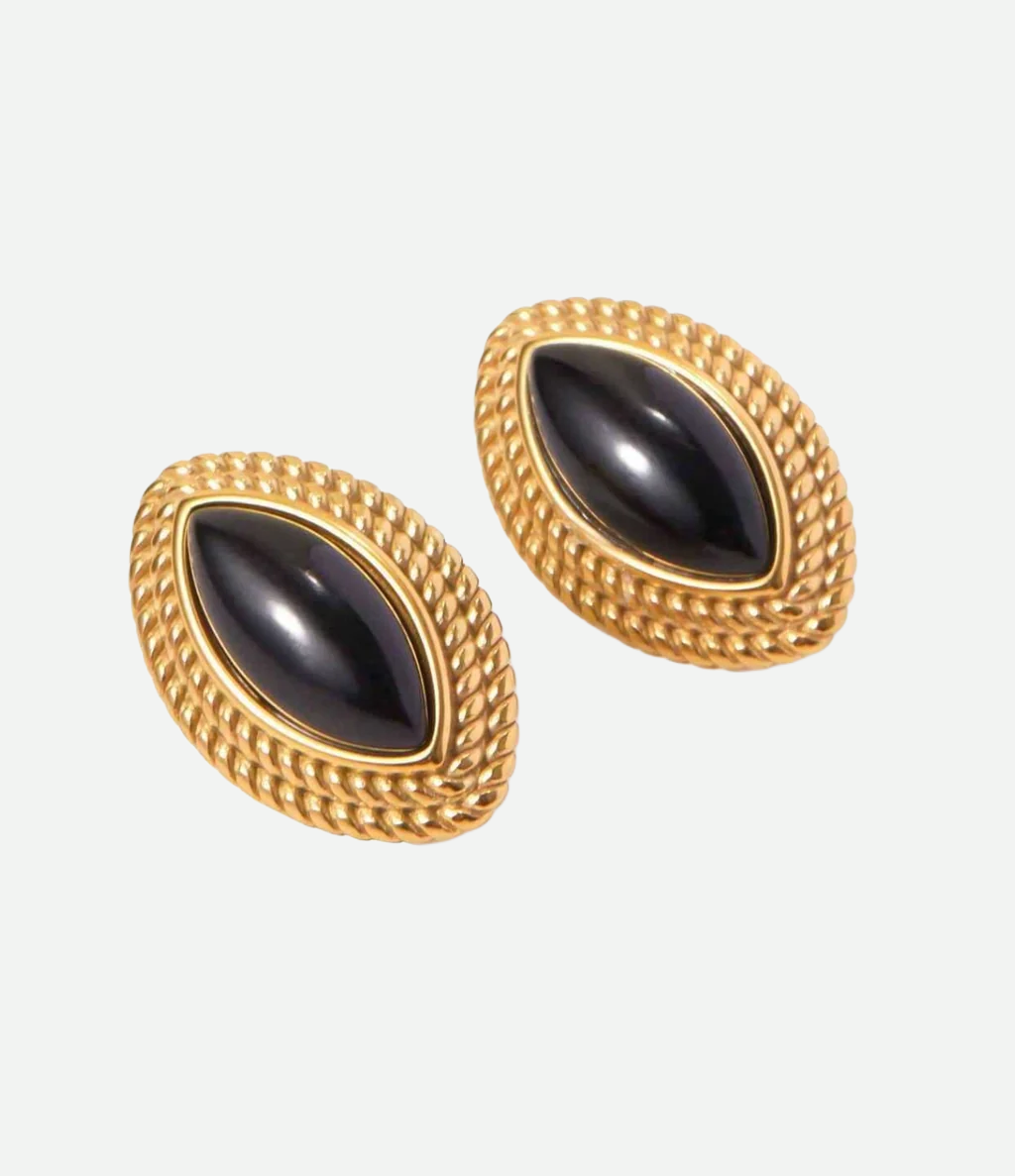 Leila Earrings - Gold and Black Agate Oval Studs