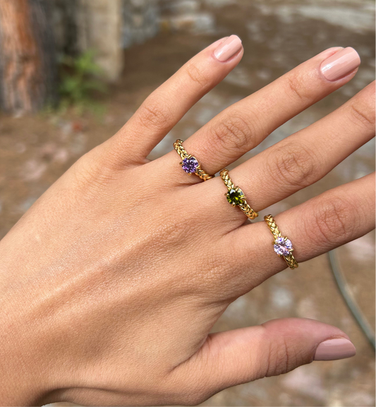 Waterproof 18K gold-plated stainless steel ring with amethyst zircon, emerald zircon, or rose zircon stone, women’s jewelry Lebanon