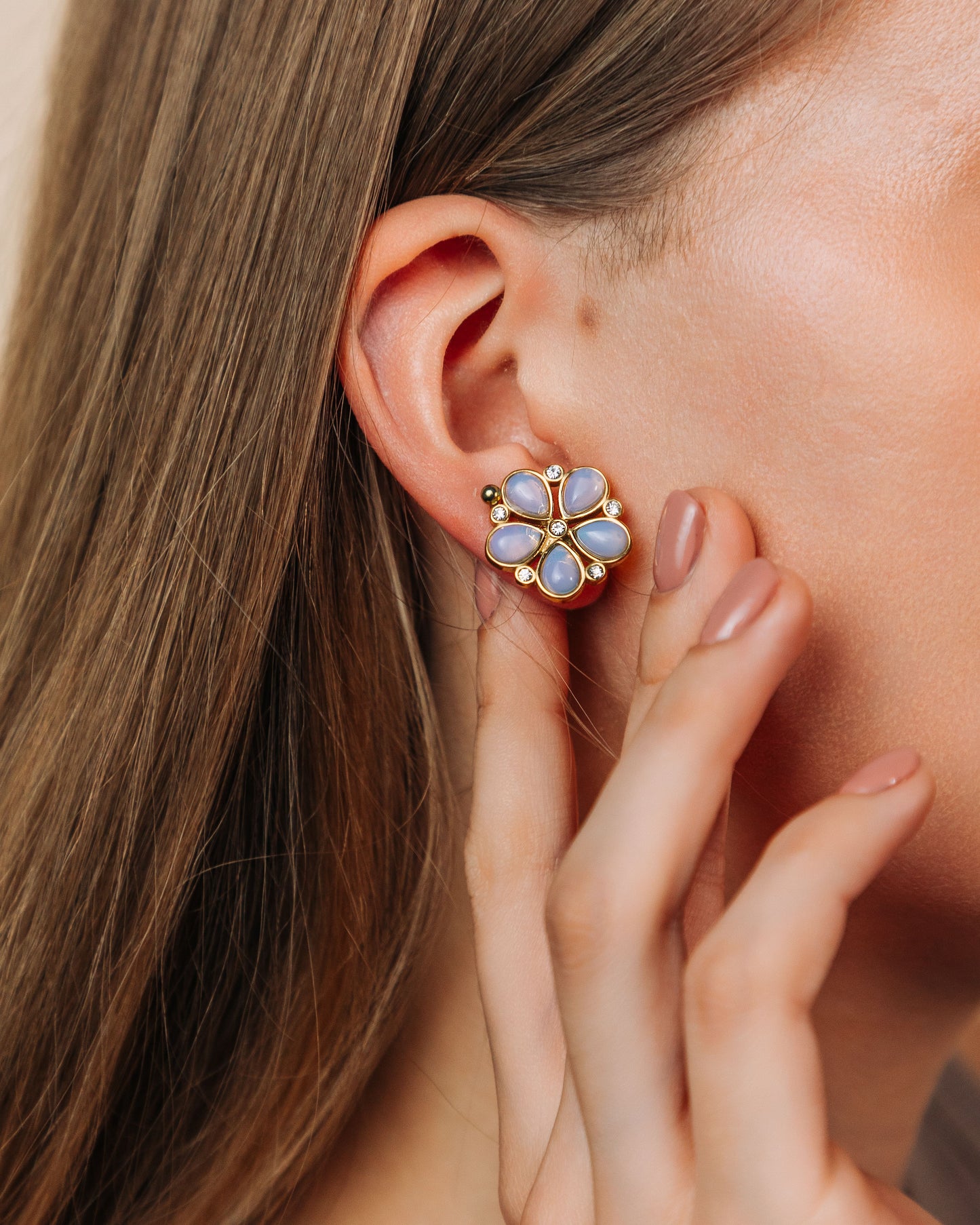 Kaia Set – Gold & Opal Floral Necklace and Stud Earrings