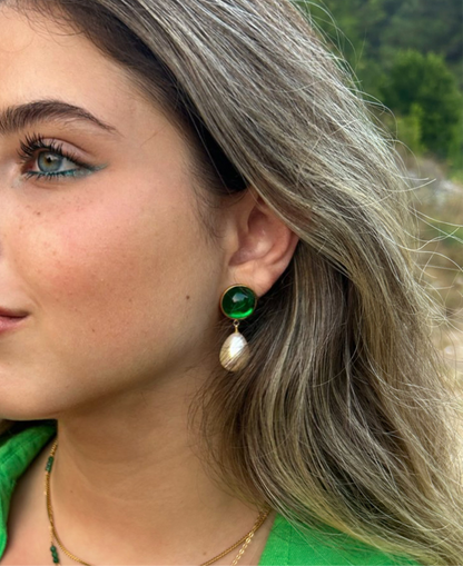 Waterproof 18K gold-plated stainless steel drop earrings with emerald stones and tear-drop glass pearls, women’s statement jewelry Lebanon