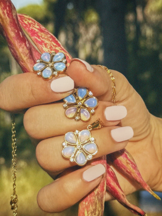 Waterproof 18K gold-plated floral necklace and stud earrings with opal stones for women in Lebanon