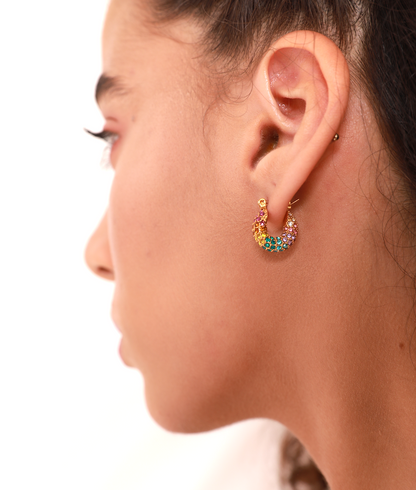 Paloma – Hammered Gold Hoop Earrings with Multicolor Stones