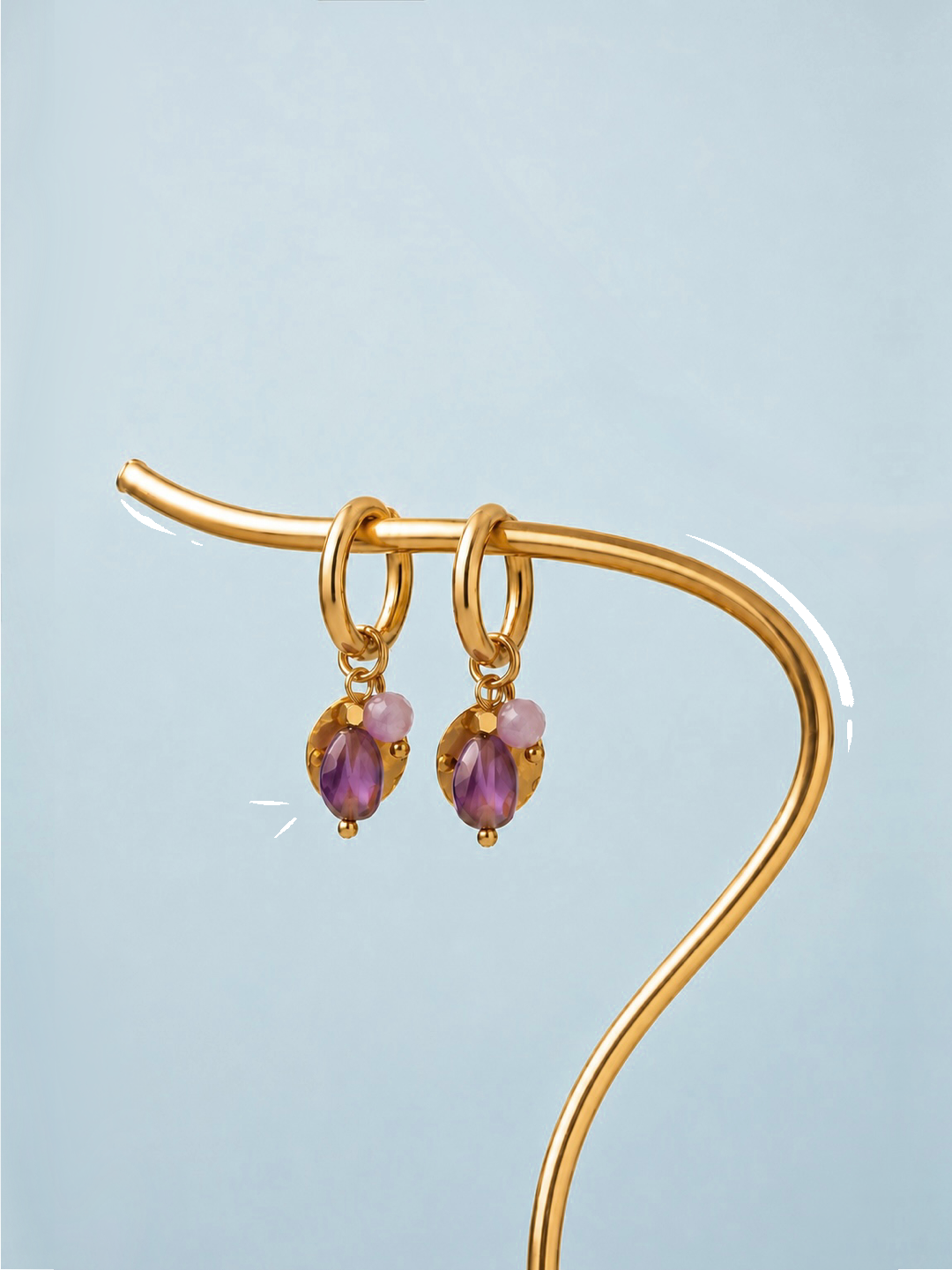 Violetta Earrings - Gold Hoops with Amethyst Dangling Charm