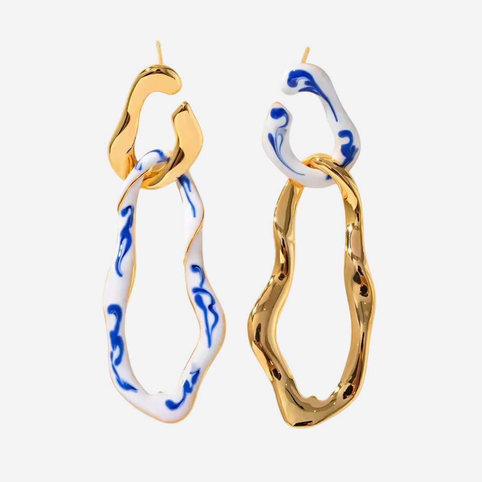 Pamela – Gold Earrings with Blue and White Porcelain
