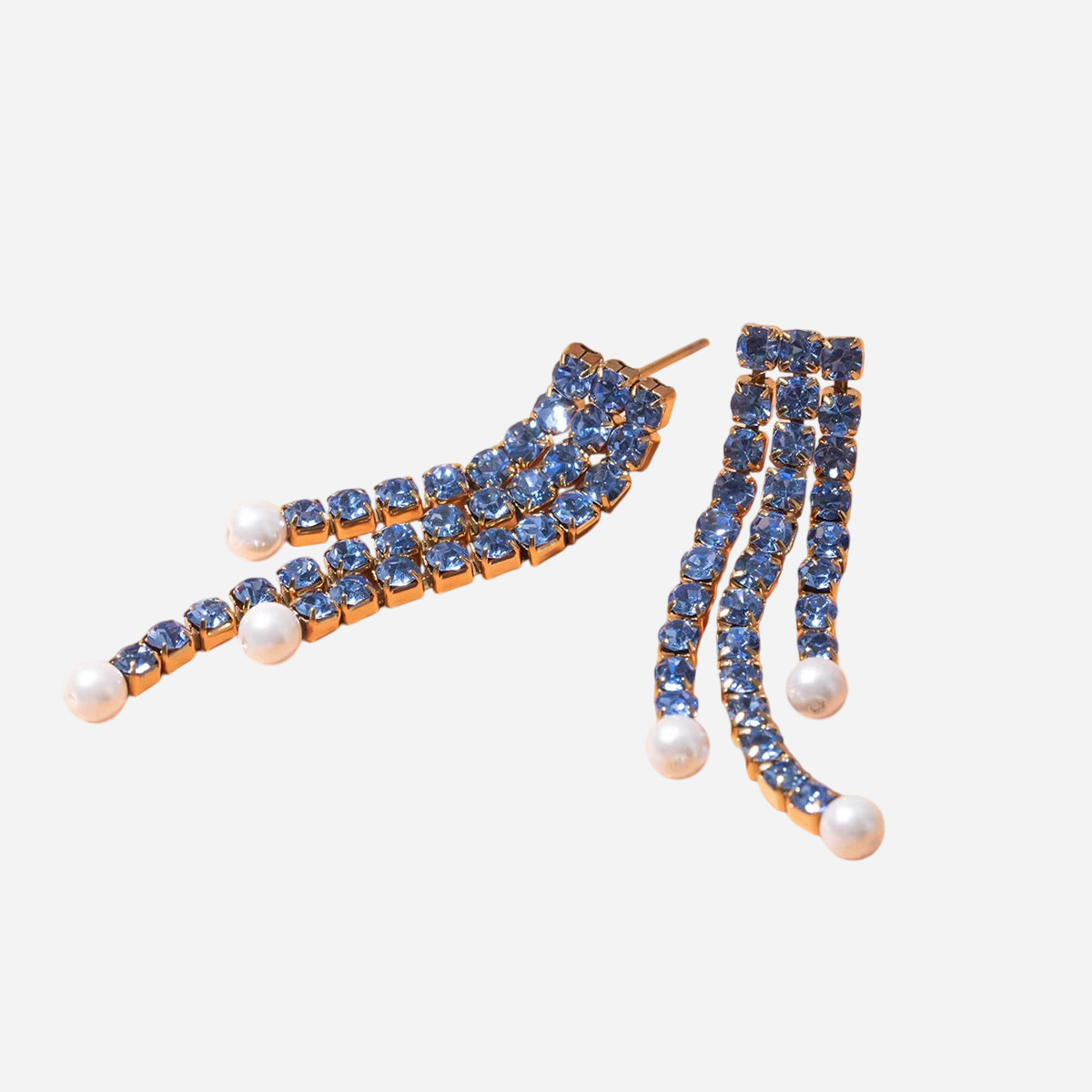 Celeste – Gold Earrings with Blue Crystals, Rhinestones, and Pearls