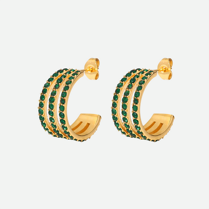 Amal – Triple Hoop Gold Earrings with Emerald Zircon