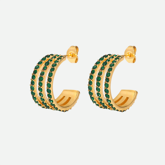 Amal – Triple Hoop Gold Earrings with Emerald Zircon