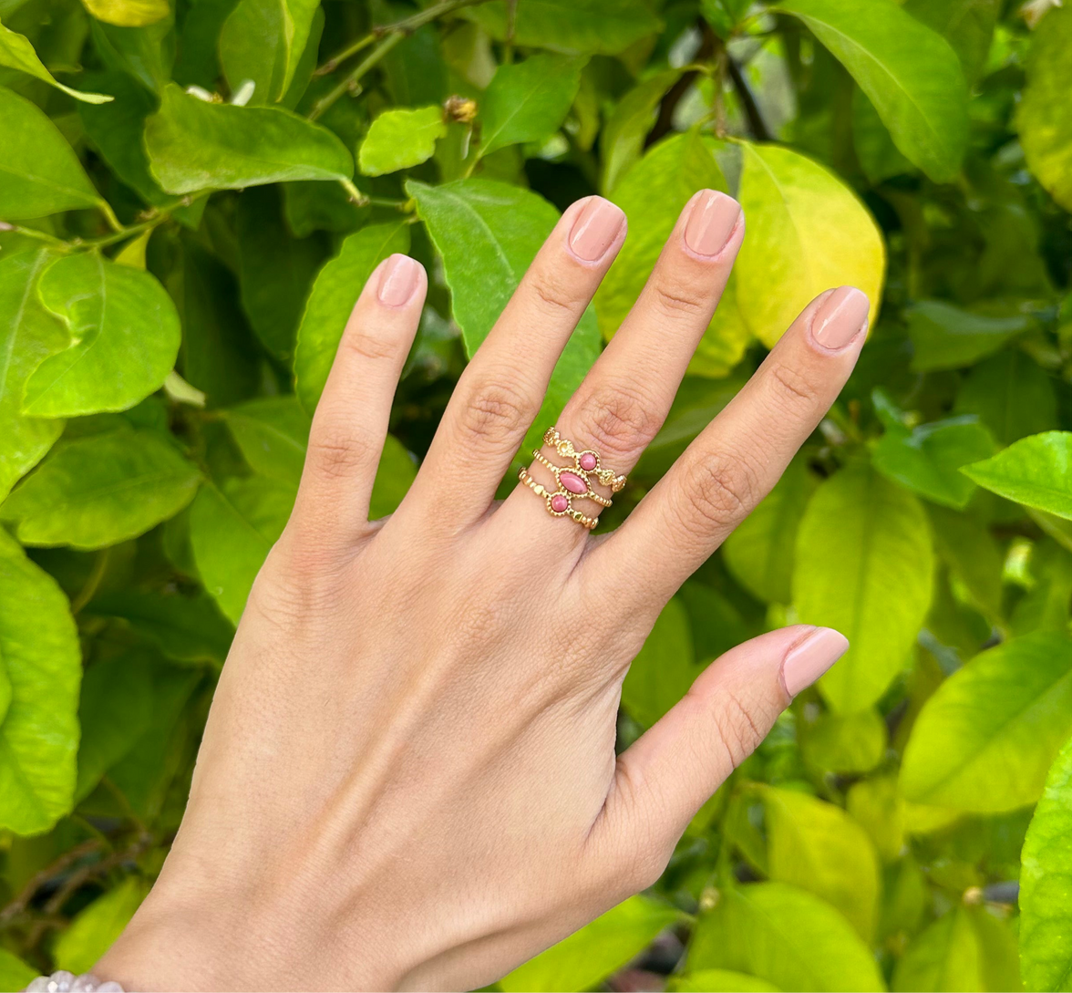 Waterproof 18K gold-plated stainless steel irregular statement ring with natural rose gemstone, women’s jewelry Lebanon