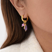 Violetta Earrings - Gold Hoops with Amethyst Dangling Charm