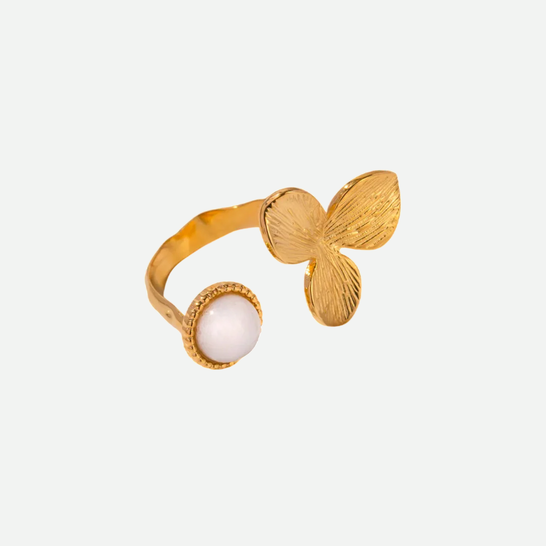 Ingrid – Gold Two-Sided Ring with White Natural Stone and Floral Design