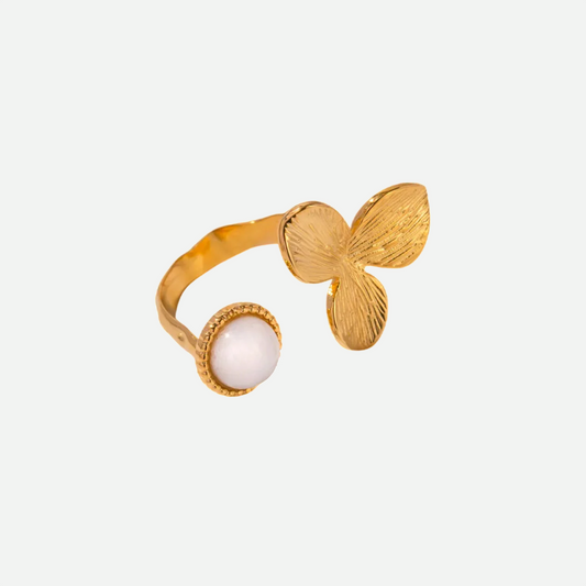 Ingrid – Gold Two-Sided Ring with White Natural Stone and Floral Design