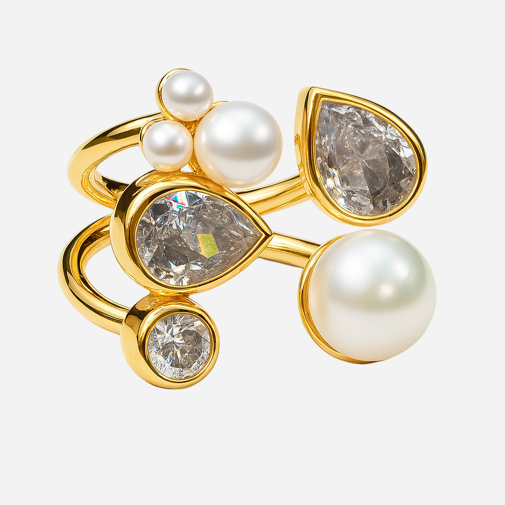Anastasia – Sculptural Gold Ring with Pearls and Teardrop Diamond Zircon
