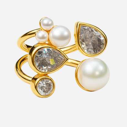 Anastasia – Sculptural Gold Ring with Pearls and Teardrop Diamond Zircon