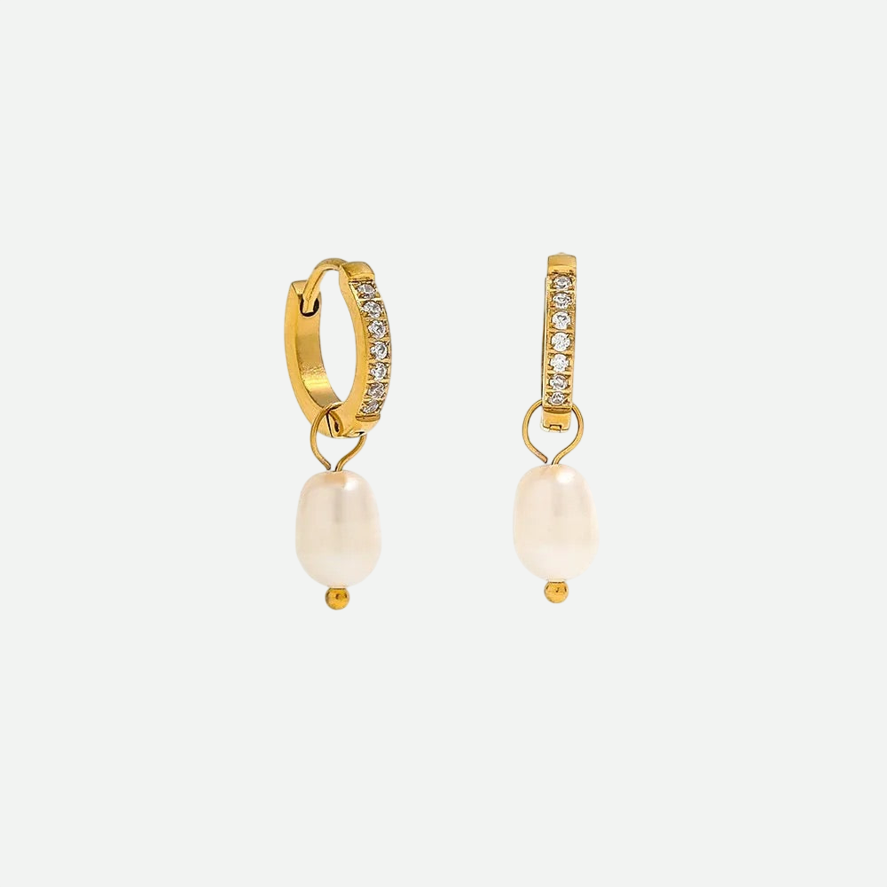 Ameliya – Gold Drop Earrings with Pearls and Diamond Zircon