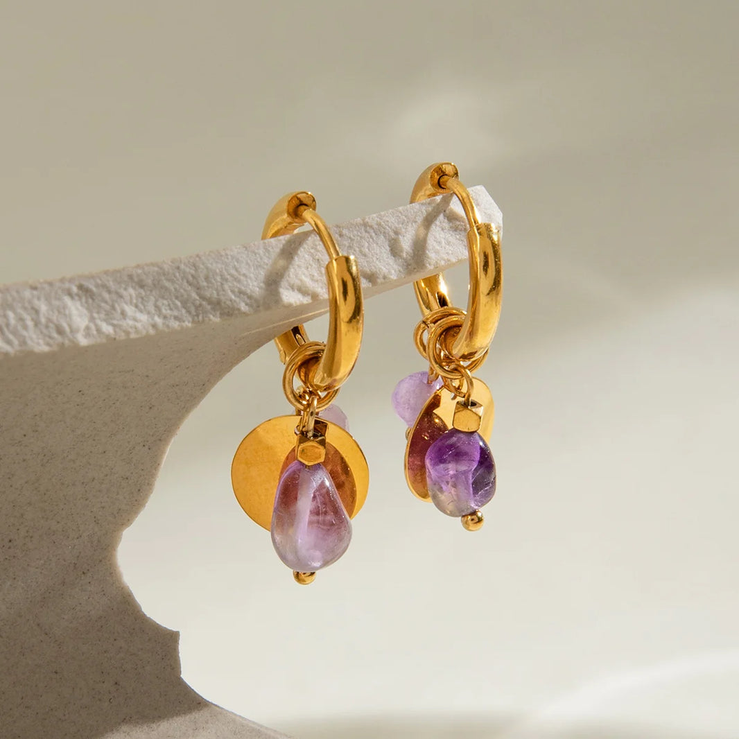 Violetta Earrings - Gold Hoops with Amethyst Dangling Charm