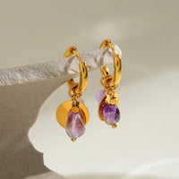 Violetta Earrings - Gold Hoops with Amethyst Dangling Charm