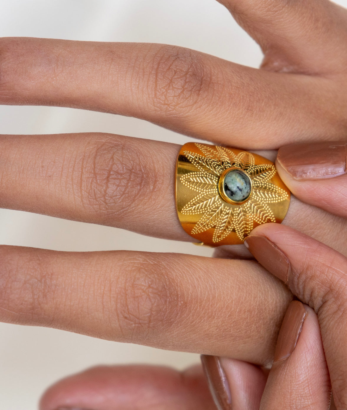 Sally – Gold Sunburst Ring with Natural Turquoise