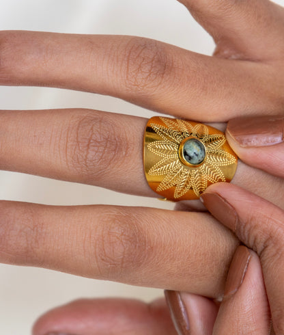 Sally – Gold Sunburst Ring with Natural Turquoise