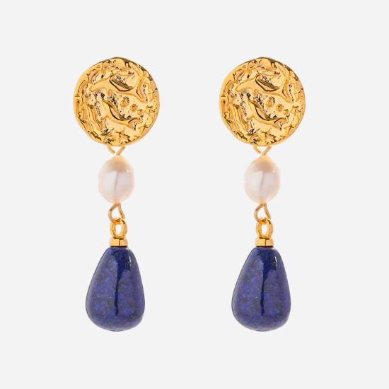 Selena – Gold Drop Earrings with Lapis Lazuli and Pearls