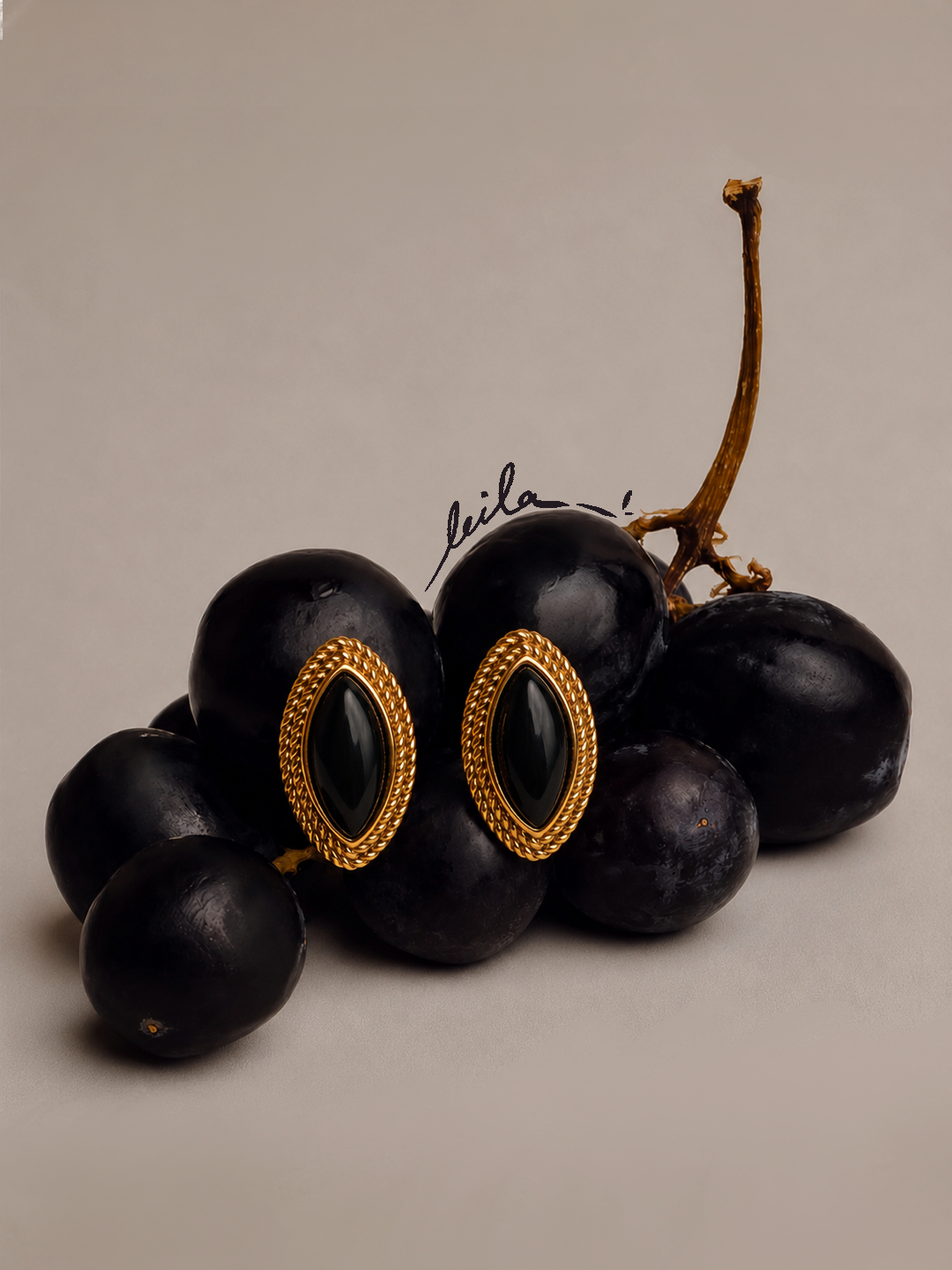 Leila Earrings - Gold and Black Agate Oval Studs