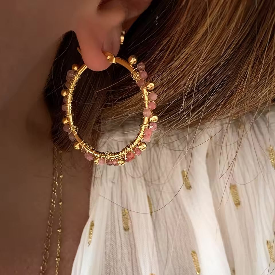 Maria – Gold Hoop Earrings with Lapis Lazuli Stones