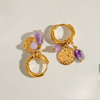 Violetta Earrings - Gold Hoops with Amethyst Dangling Charm