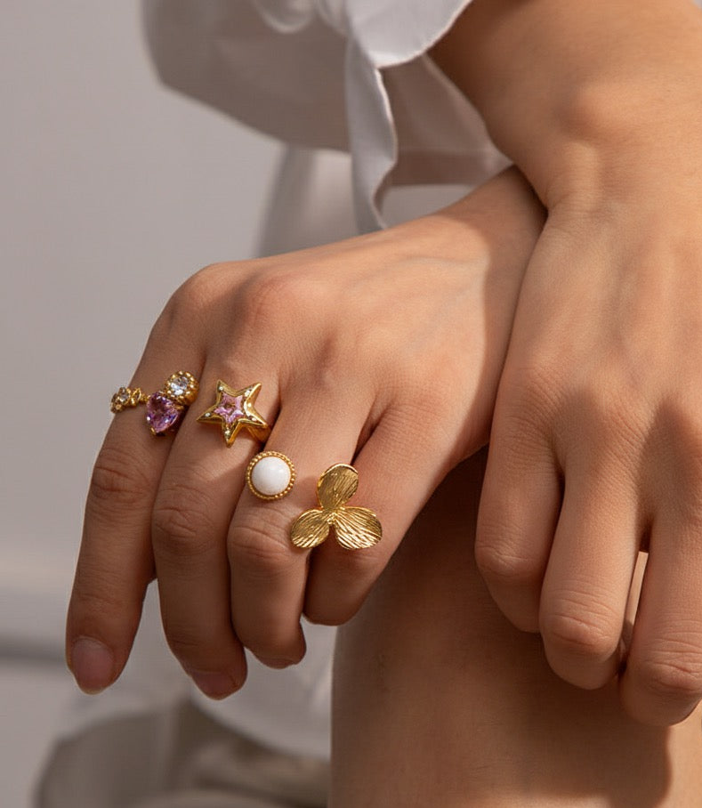 Ingrid – Gold Two-Sided Ring with White Natural Stone and Floral Design