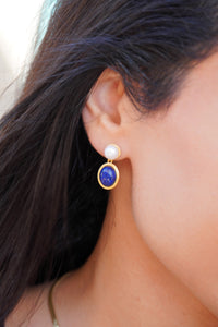 Waterproof 18K gold-plated stainless steel earrings with lapis lazuli stones and freshwater pearls, women’s statement jewelry Lebanon