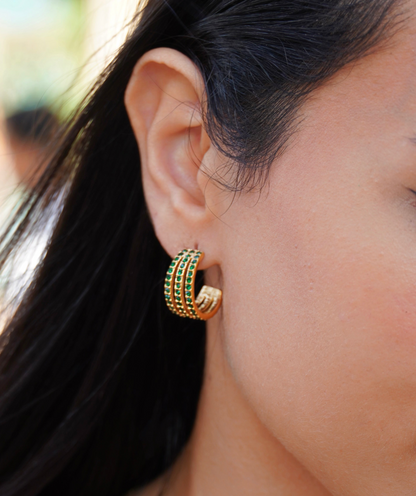 Amal – Triple Hoop Gold Earrings with Emerald Zircon