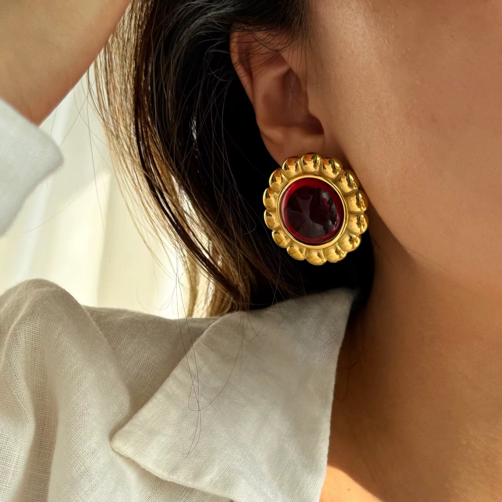 Waterproof 18K PVD gold-plated stainless steel floral stud earrings with semi-precious red stones, bold women’s jewelry Lebanon