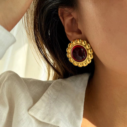 Waterproof 18K PVD gold-plated stainless steel floral stud earrings with semi-precious red stones, bold women’s jewelry Lebanon
