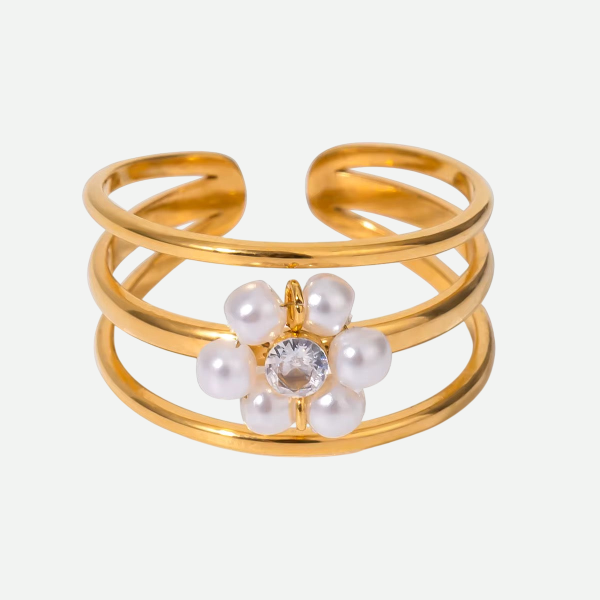 Rosalie – Three-Band Floral Ring with Pearl Flower